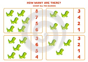 Counting math game with cute cartoon iguanas.