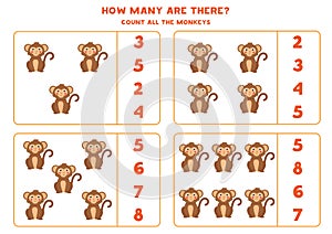 Counting math game with cute cartoon monkeys.