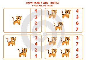 Counting math game with cute cartoon tigers.