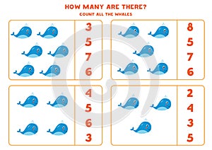 Counting math game with cute cartoon whales.