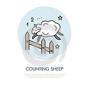 Counting sheep illustration. Modern vector line icon of jumping sheep. Insomnia linear logo. Outline symbol for sleep problem photo