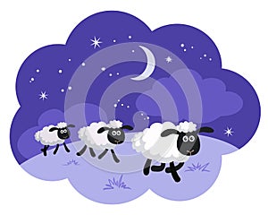 Counting sheep in the night background in a dream bubble isolate
