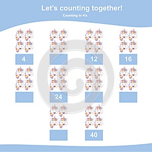 Counting unicorn game for children. Counting in 4s. Cute unicorn math worksheet