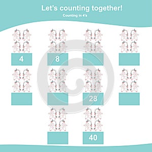 Counting unicorn game for children. Counting in 4s. Cute unicorn math worksheet.