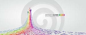 Countless colorful particles form a rainbow-shaped arrow, symbolizing rise and development, vector graphics