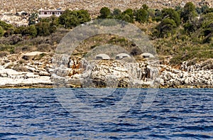 Countless military concrete bunkers or pillboxes in southern Albania built by communist government of Enver Hoxha on the shore of