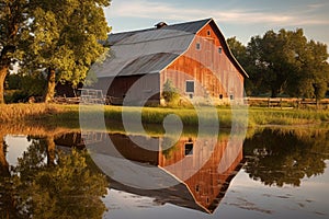 country barn reflected in a serene pond