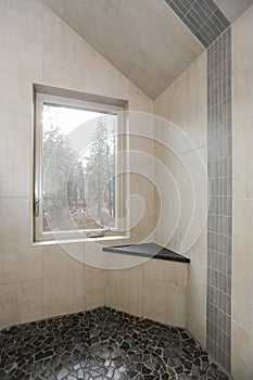 Country bathroom interior with ivory subway tile