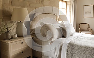 Country bedroom decor, interior design and holiday rental, bed with elegant bedding and antique furniture, English