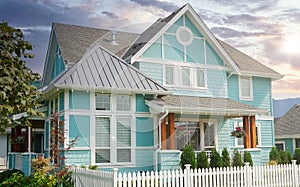 Country Blue Farmhouse Front Exterior Maison House Sunset Sky Background