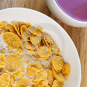 A country breakfast with blueberry yogurt, milk and cornflakes