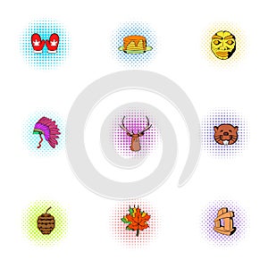 Country Canada icons set, pop-art style