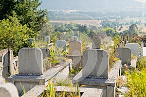 Country cemetery with green plants in Turkey at sunset