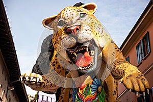 Country of Cento, Italy colorful floats parade through the streets. Theme `Back to the origins`