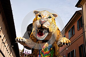 Country of Cento, Italy colorful floats parade through the streets. Theme `Back to the origins`