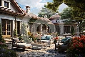 Country Charm: Exploring a Cozy Courtyard with a Patio in a Rustic Home. Generative By Ai