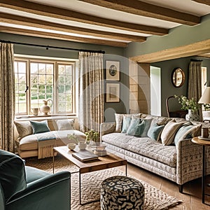 Country cottage lounge decor, sitting room and Cotswolds style interior design, living room furniture, sofa and home