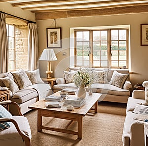 Country cottage lounge decor, sitting room and Cotswolds style interior design, living room furniture, sofa and home