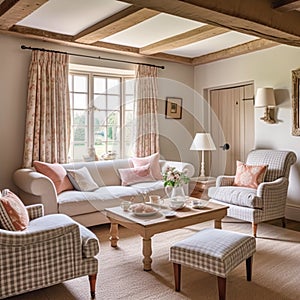 Country cottage lounge decor, sitting room and Cotswolds style interior design, living room furniture, sofa and home decor in