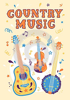 Vector hand draw illustration with guitar, violin and banjo. Bright banner for country music. Country Cowboy Live Music