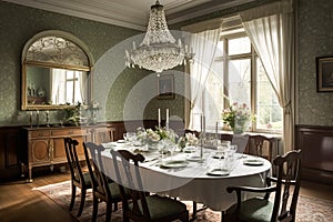 Country dining room decor, interior design and house improvement, elegant table with chairs, furniture and home decor