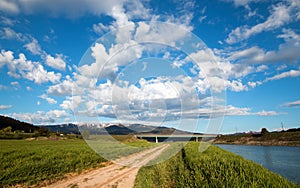 Country dirt road along Snake River under cumulus cloud sky in Alpine Wyoming