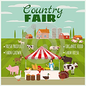 Country Fair Farmer Family Sell Harvest Products Grocery On Eco Farm Organic. Farm animals goose, turkey, duck, cow