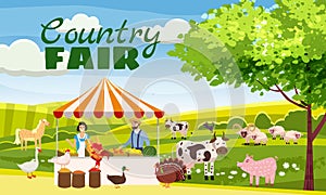 Country Fair Farmer Family Sell Harvest Products Grocery On Eco Farm Organic. Farm animals goose, turkey, duck, cow