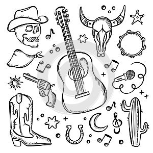 COUNTRY FEST SYMBOLISM MONOCHROME Western Music Objects