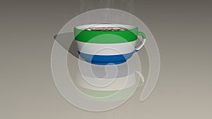 country flag of Sierra Leone placed on a cup of hot coffee in a 3D illustration with realistic perspective and shadows mirrored