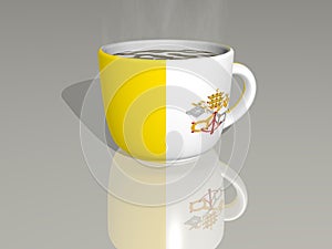 country flag of Vatican City placed on a cup of hot coffee in a 3D illustration mirrored on the floor with a realistic