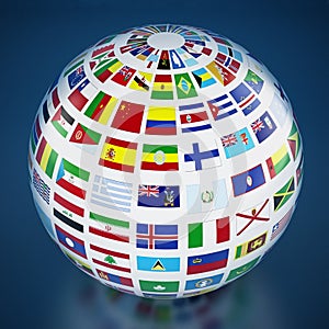 Country flags around the globe on blue background. 3D illustration