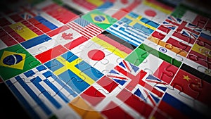 Country flags on jigsaw puzzle pieces. 3D illustration