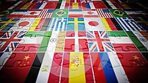 Country flags on jigsaw puzzle pieces. 3D illustration