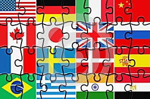 Country flags on jigsaw puzzle pieces. 3D illustration