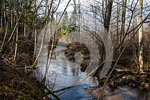 country forest river in early spring with no vegetation on the shores