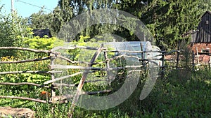 Country garden overgrown grass and wooden fence at summer. 4K