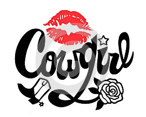 Country Girl Handwritten Lettering. Cowgirl Printable vector illustration with red print lips. Modern Calligraphy Text