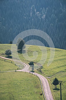 Venkovská štěrková cesta vedoucí do hor - vintage retro