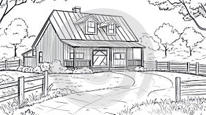 Farmhouse Line Drawing Rural Country House with Porch and Driveway