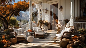 Country home porch decorated with autumn beautiful pumpkins, gourds and seating - generative AI