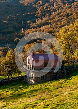 Country house in autumn landscape in the Valle del Ambroz Extremadura