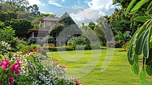 country house with a beautiful lawn. selective focus.