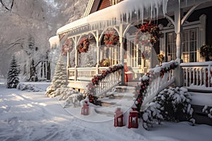 country house beautifully decorated for Christmas on a frosty day