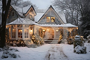 country house beautifully decorated for Christmas on frosty sunny day