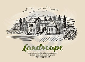 Country house, building sketch. Vintage rural landscape, farm, cottage vector illustration