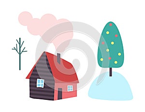 Country House, Chimney and Smoke from Pipe Vector