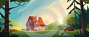 Country house in the forest. Farm in the countryside. Cottage among trees. Cartoon vector illustration