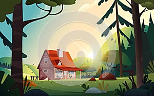 Country house in the forest. Farm in the countryside. Cottage among trees. Cartoon vector illustration