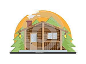 Country house in the forest. Farm in the countryside. Cottage among trees. Cartoon vector illustration.